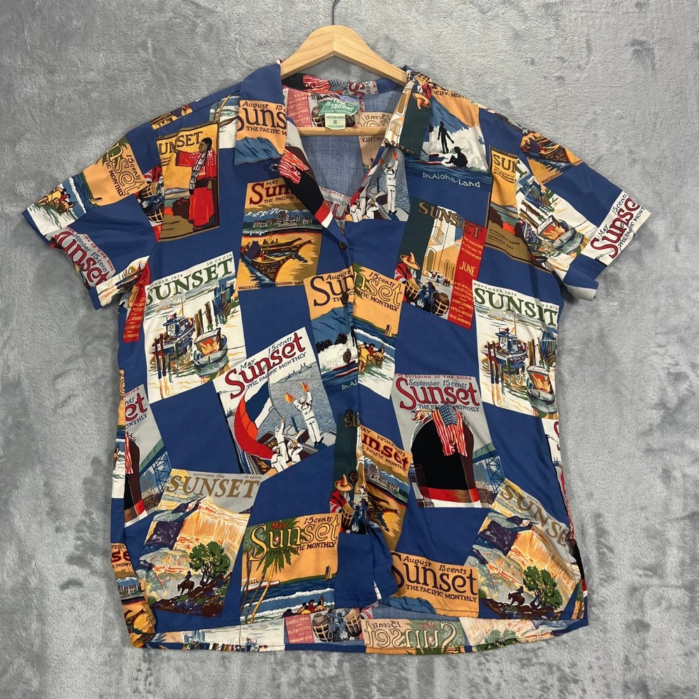 Vintage Reyn Spooner Hawaiian Shirt Mens Small Blue Sunset Magazine Print Aloha